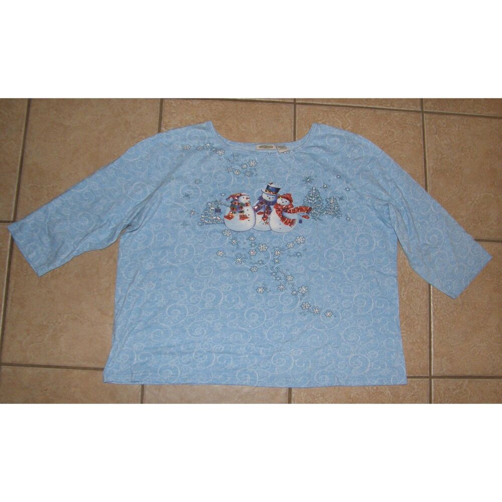 Embellished Blue Sz XXL Casual Wear Stretchy SNOWMAN Tee Shirt COLLECTIONS ETC